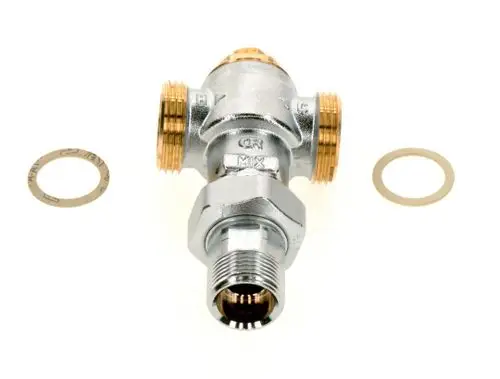 Thermostatisches Ventil von Bosch mit mehreren Anschlussgewinden, einem zentralen Gehäuse und zwei Dichtscheiben, geeignet für Heizungsinstallationen.
